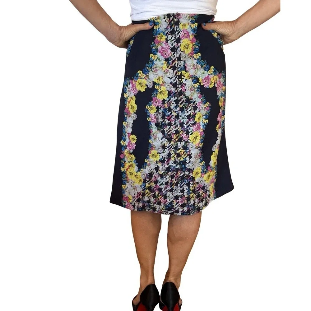 Erdem Skirt Women's 12 Pencil Silk Black Floral Digital Whimsical Dark Romance